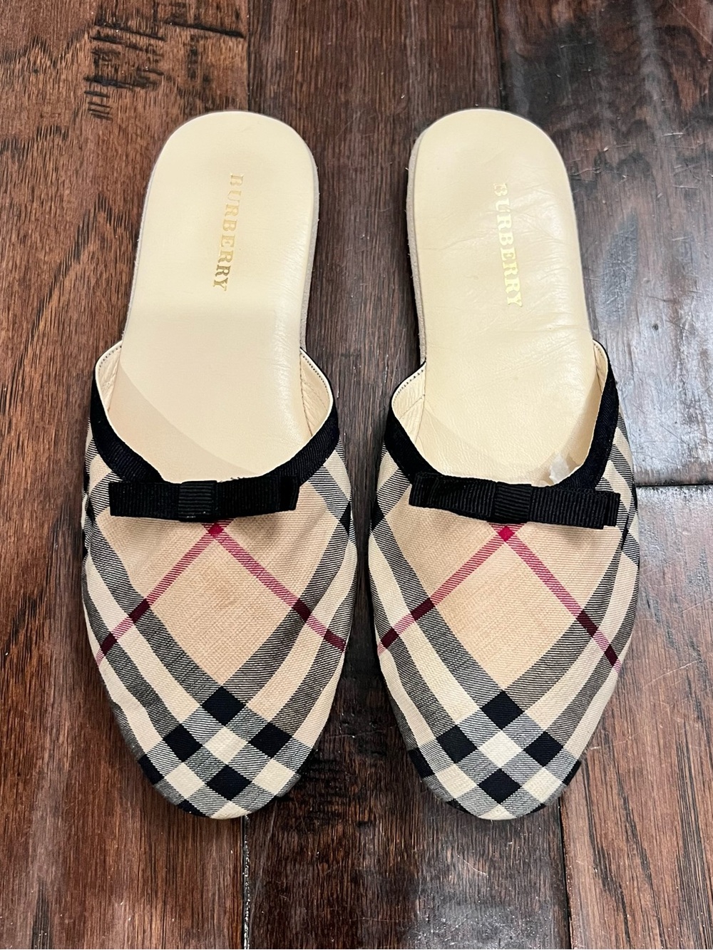 Burberry Check Slip-On Bow Mules in Beige and Black